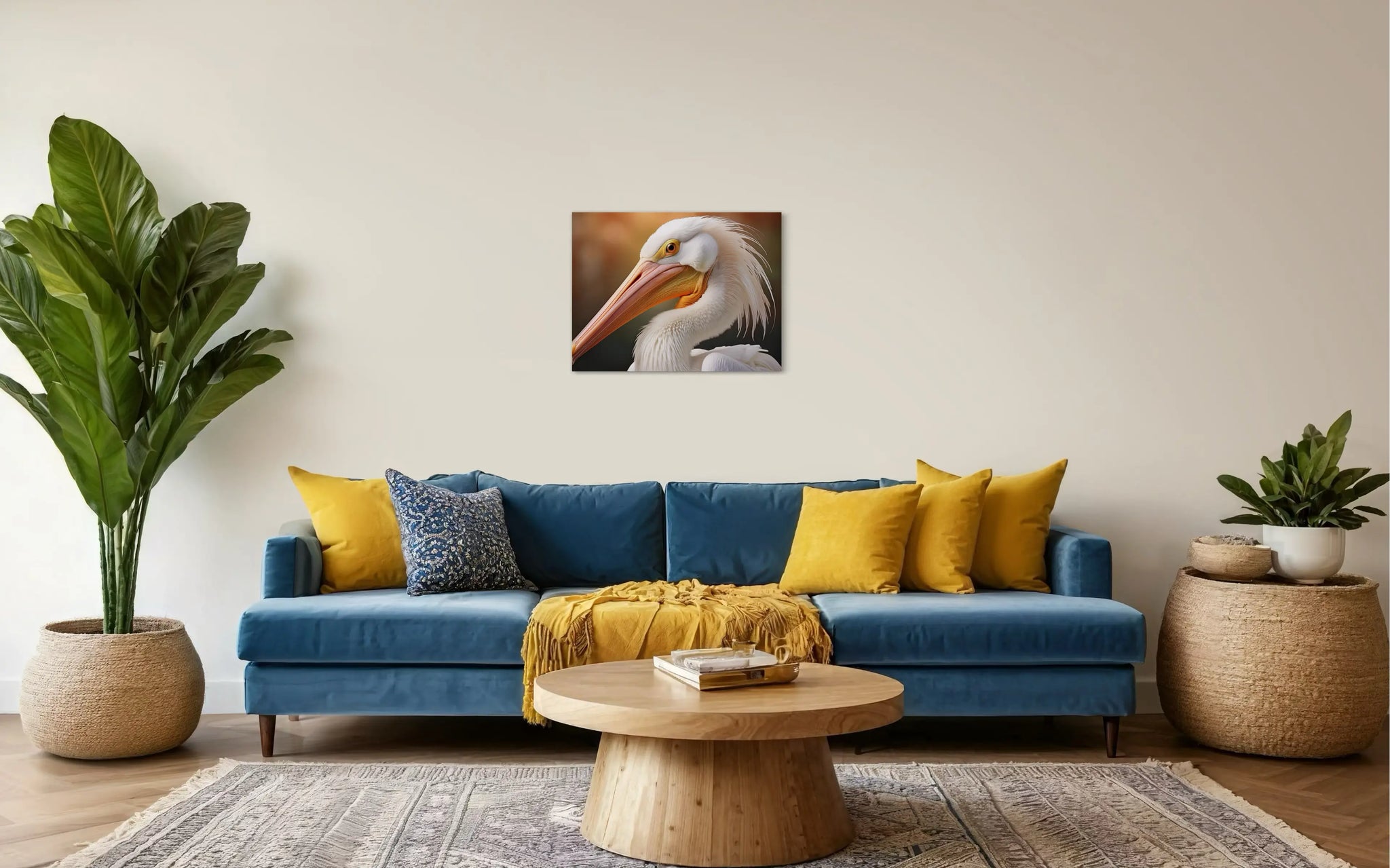 Coastal glass print of white pelican art  against a colorful golden background, colorful living decor