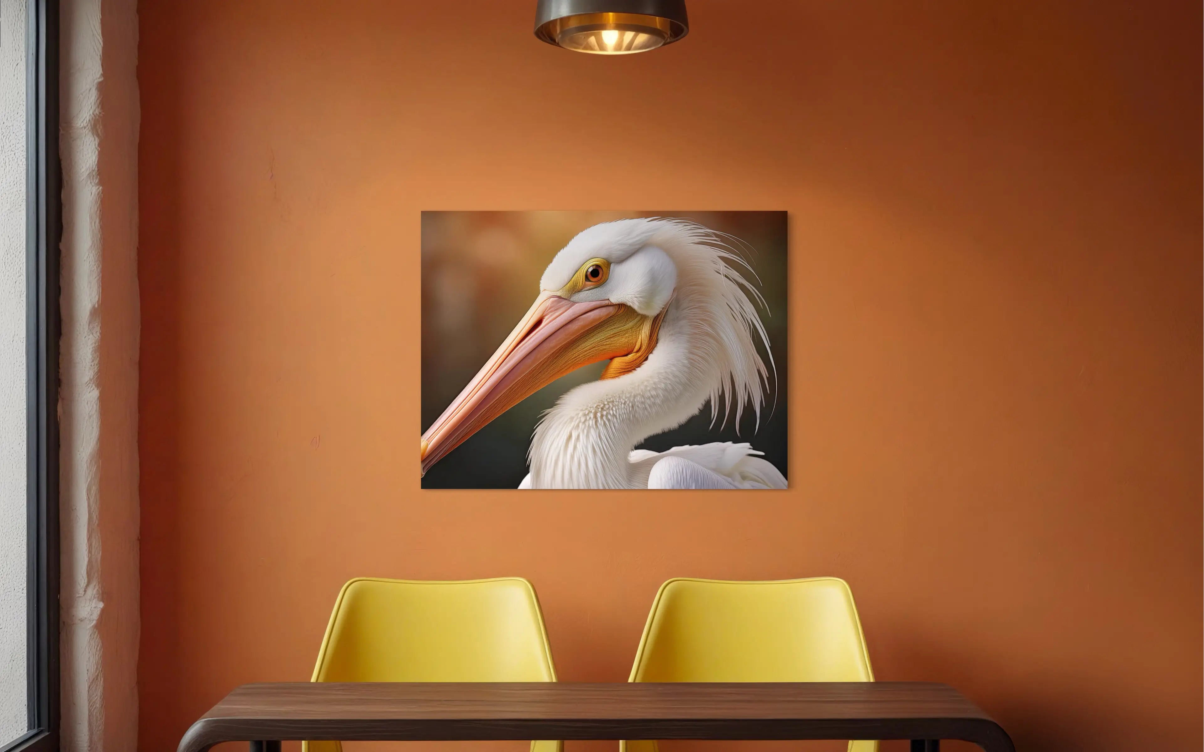 Coastal glass print of white pelican art  against a colorful golden background, for colorful decor