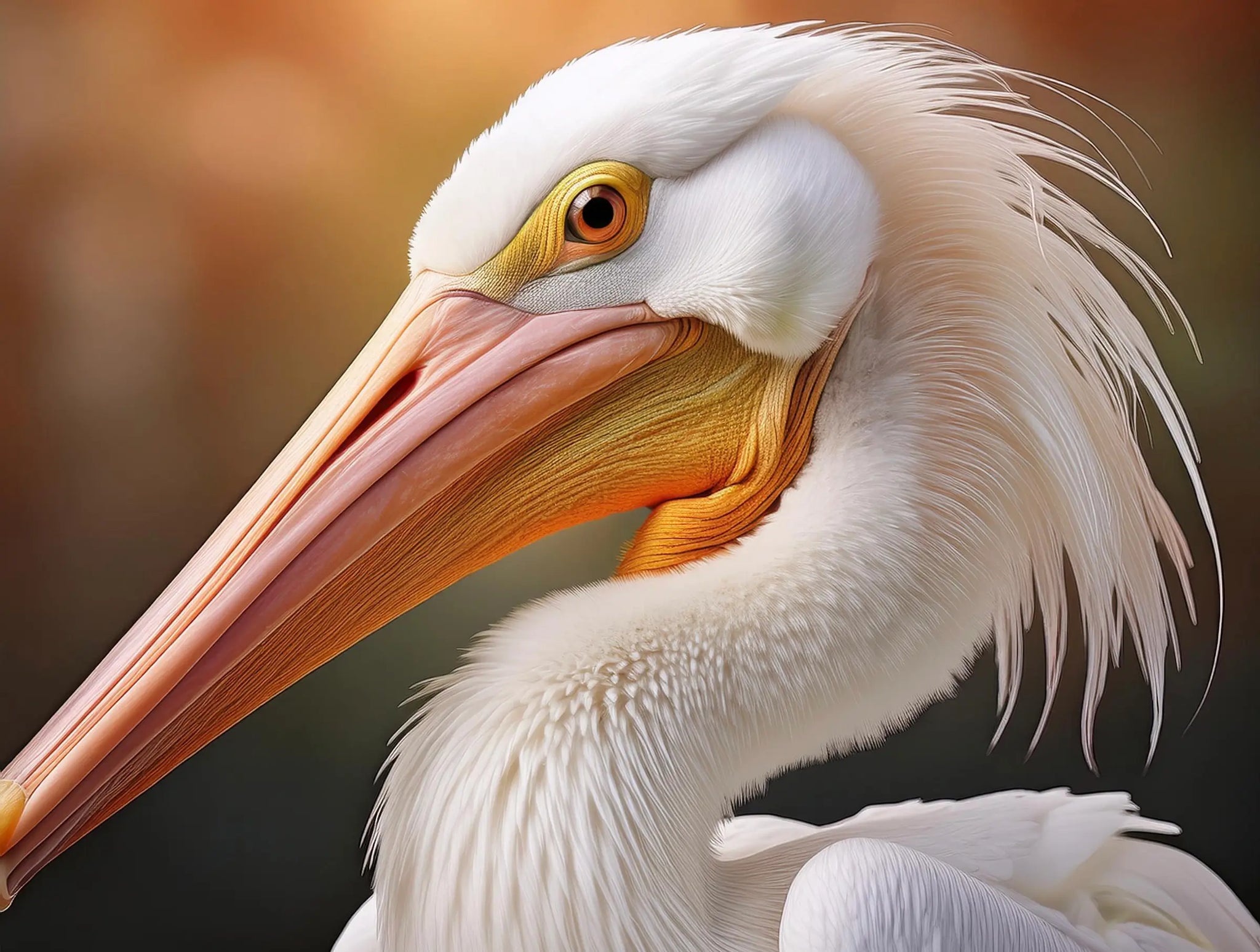 Coastal glass print of white pelican art  against a colorful golden background, 