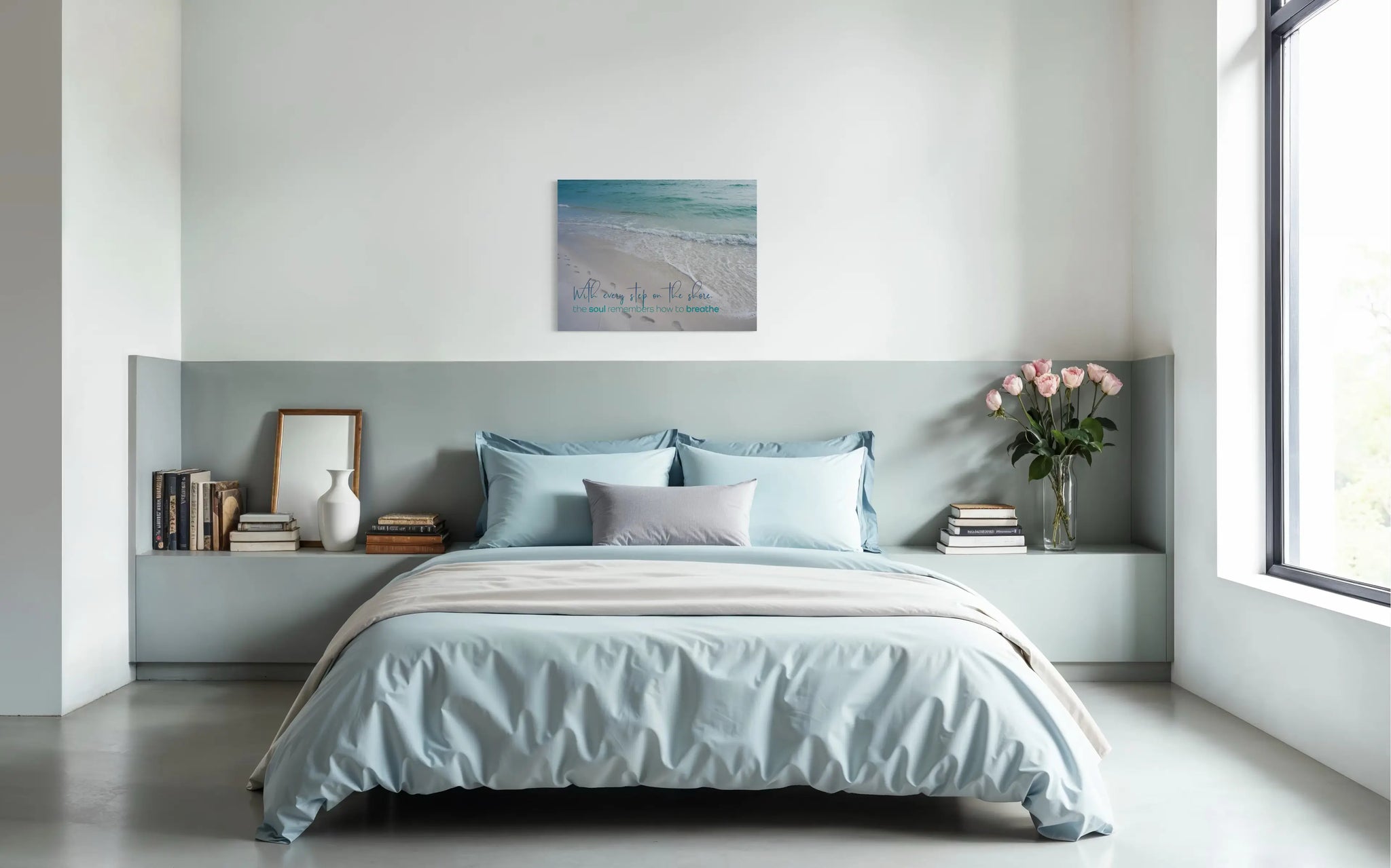 Coastal glass print with beach footprints and ocean waves. Quote reads: “With every step on the shore, the soul remembers how to breathe, coastal bedroom