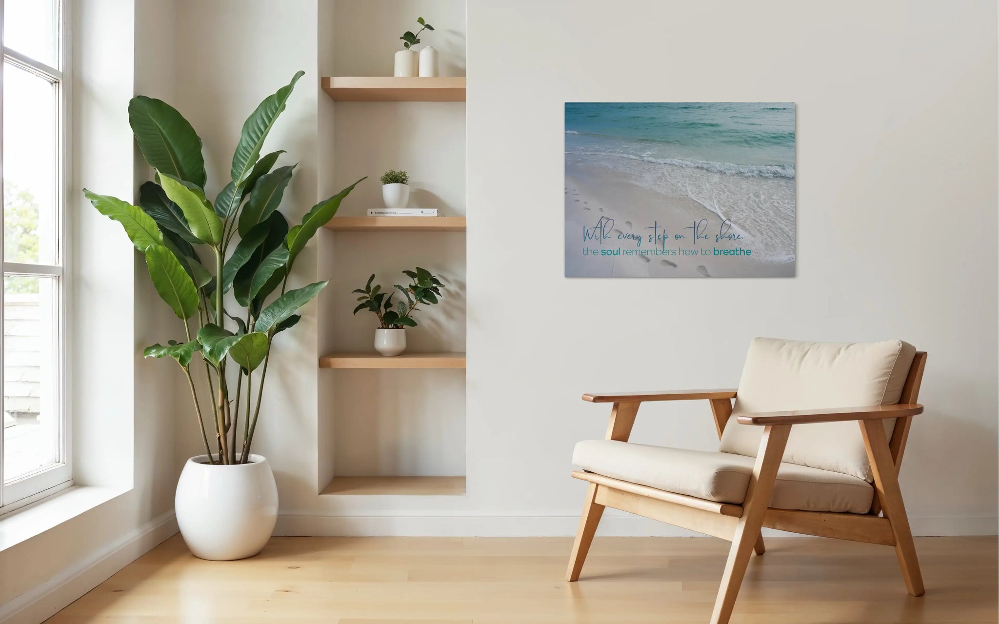Coastal glass print with beach footprints and ocean waves. Quote reads: “With every step on the shore, the soul remembers how to breathe.” Inspirational ocean wall art.