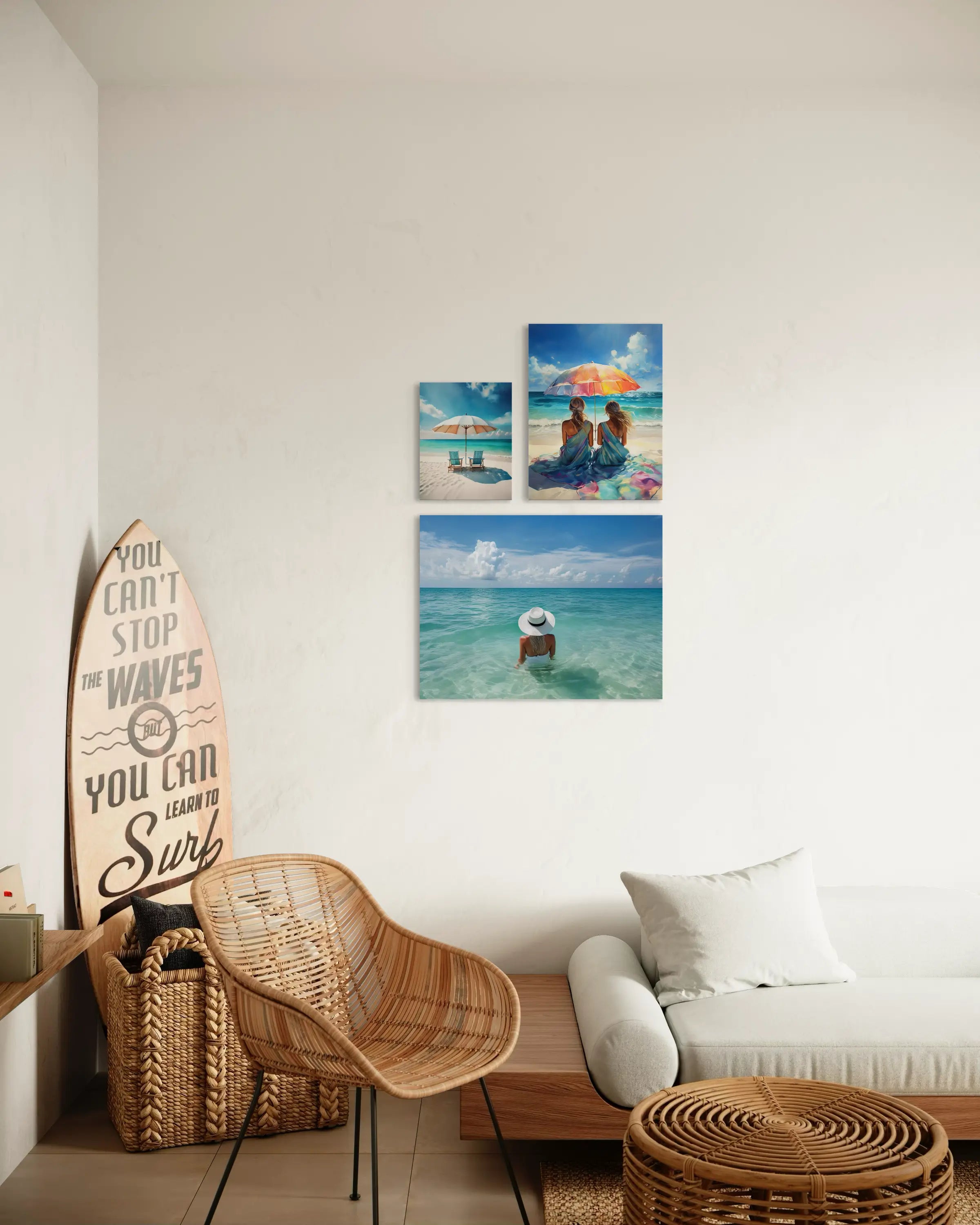 Woman in white hat sitting in Gulf turquoise ocean coastal glass print, Echoes of the Sea with 2 other coastal art prints